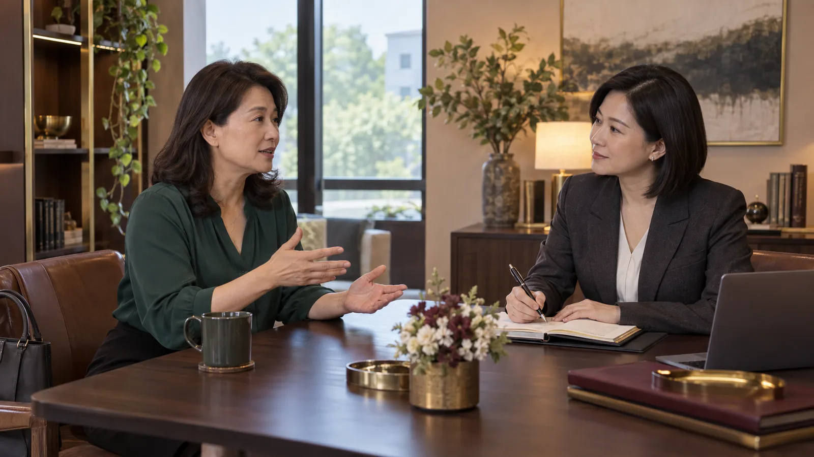 穿綠色上衣的成熟女性，向西裝女幹部說明可上班時段