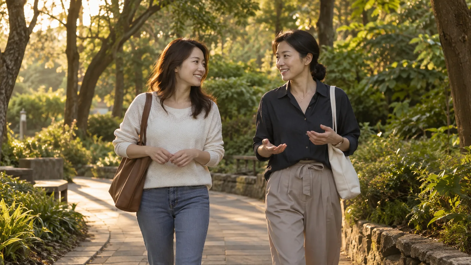 兩位成年女性在散步時聊天