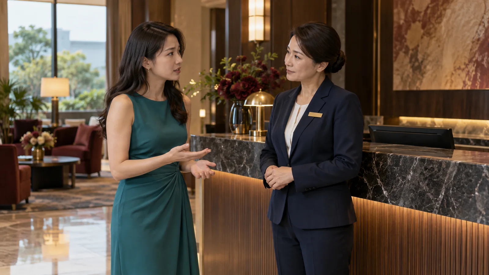 穿藍綠洋裝的女性，在接待櫃檯旁向西裝女幹部尋求協助