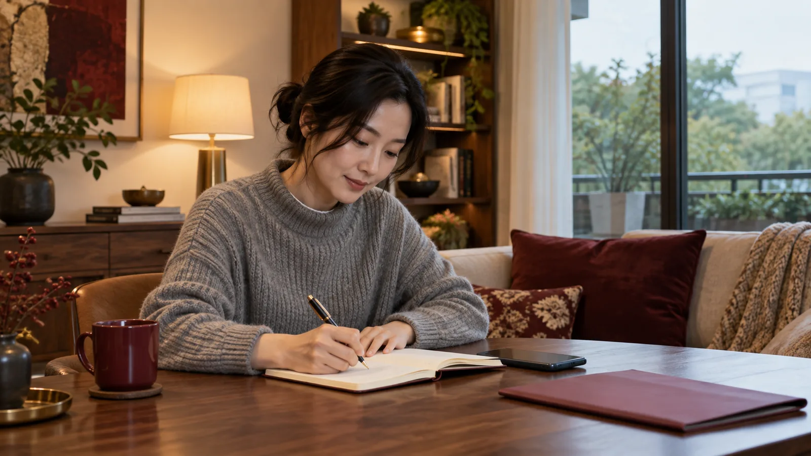 穿灰色針織上衣的成年女性，在家記下事件經過，手機放在桌邊