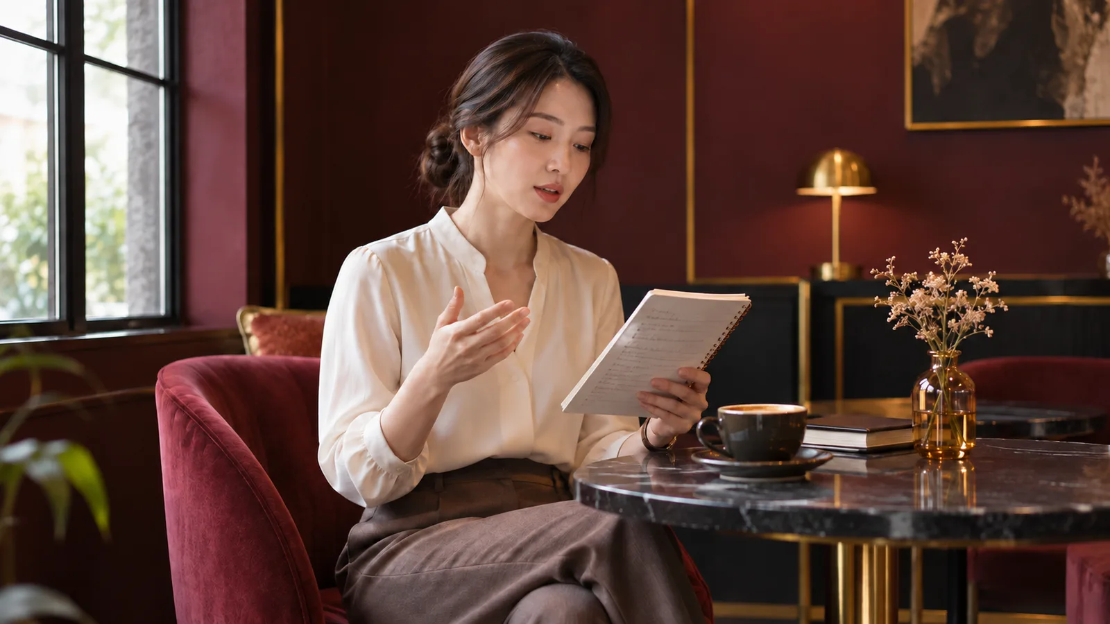 成年女性用筆記本練習自我介紹