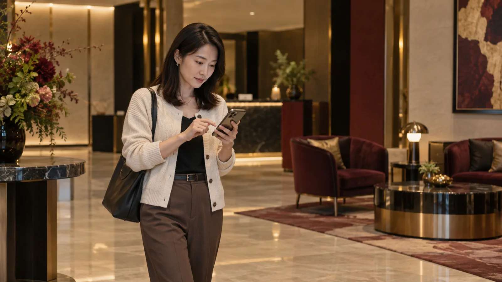 成年女性在門廳查看返家路線