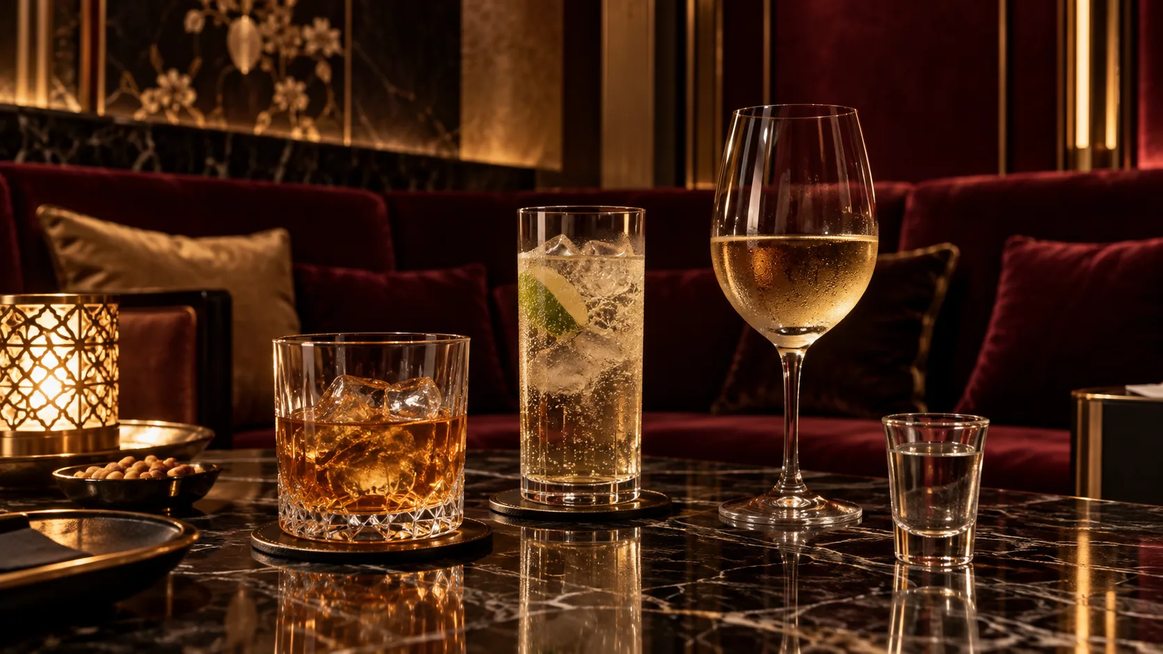 暖光桌面上的威士忌杯、高腳杯與小酒杯