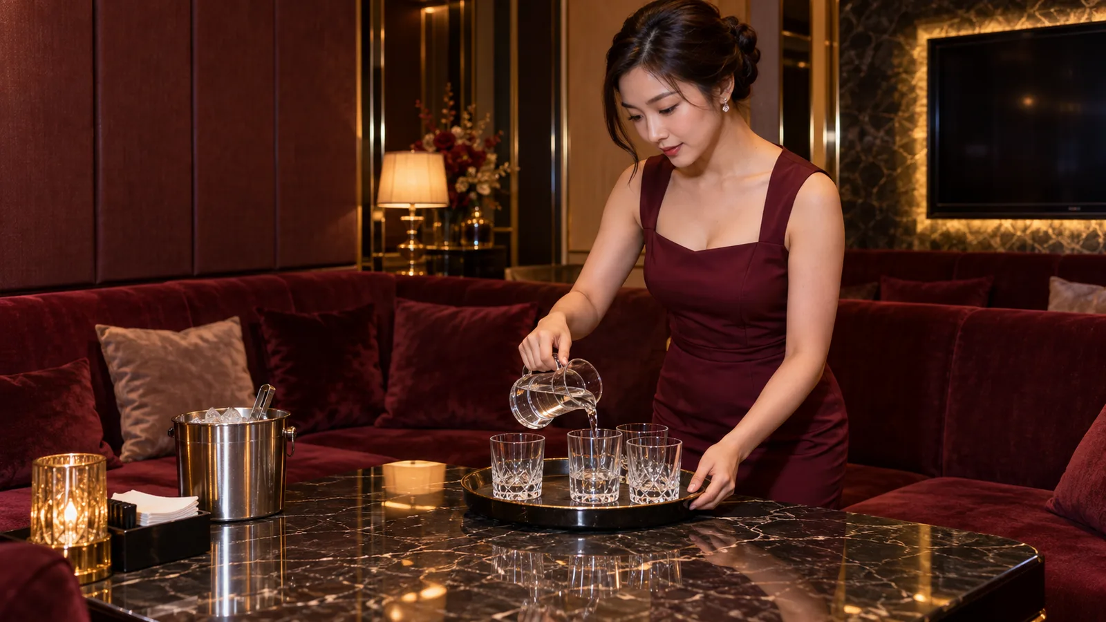 杯具與冰桶分開擺放，托盤上備好乾淨水杯