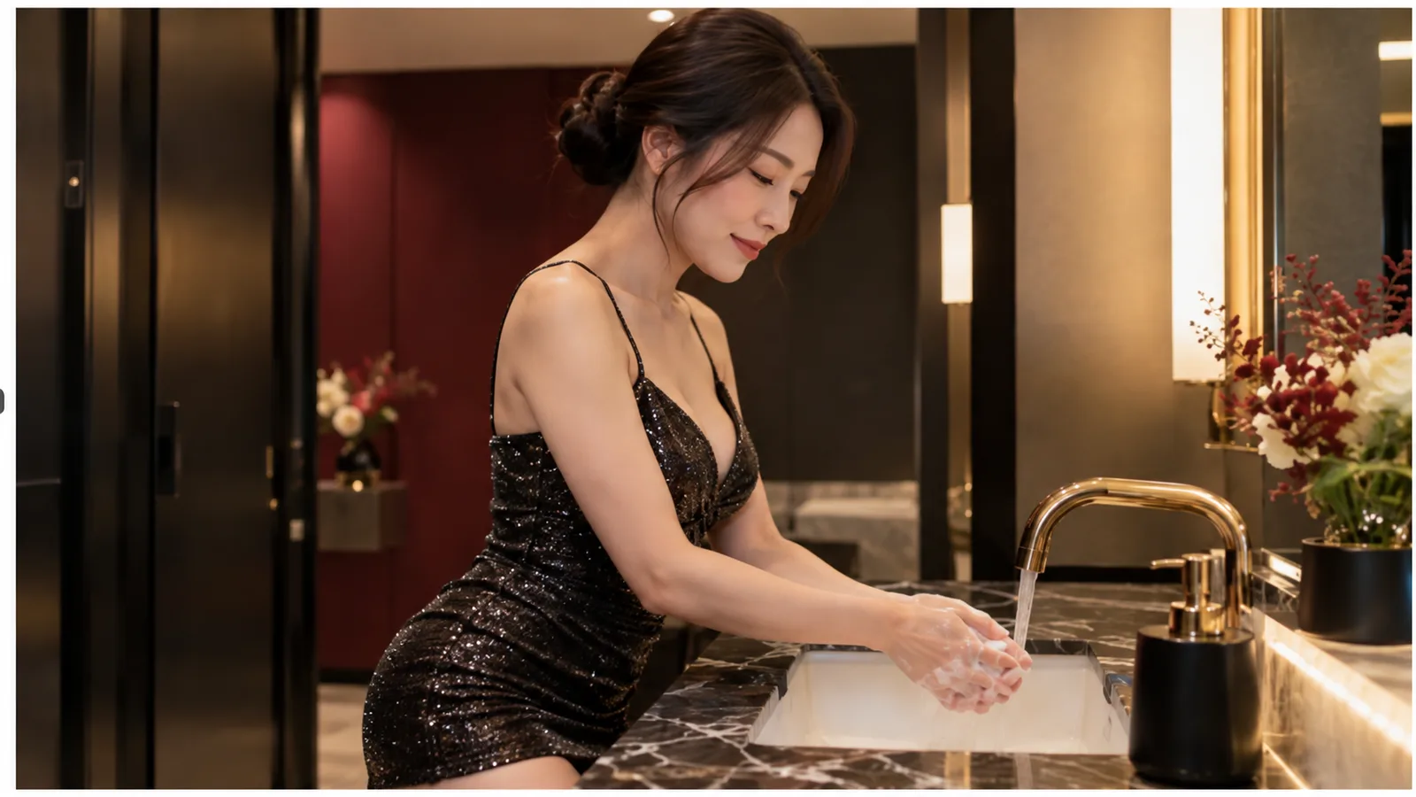 黑色短洋裝女性在洗手台用肥皂洗手