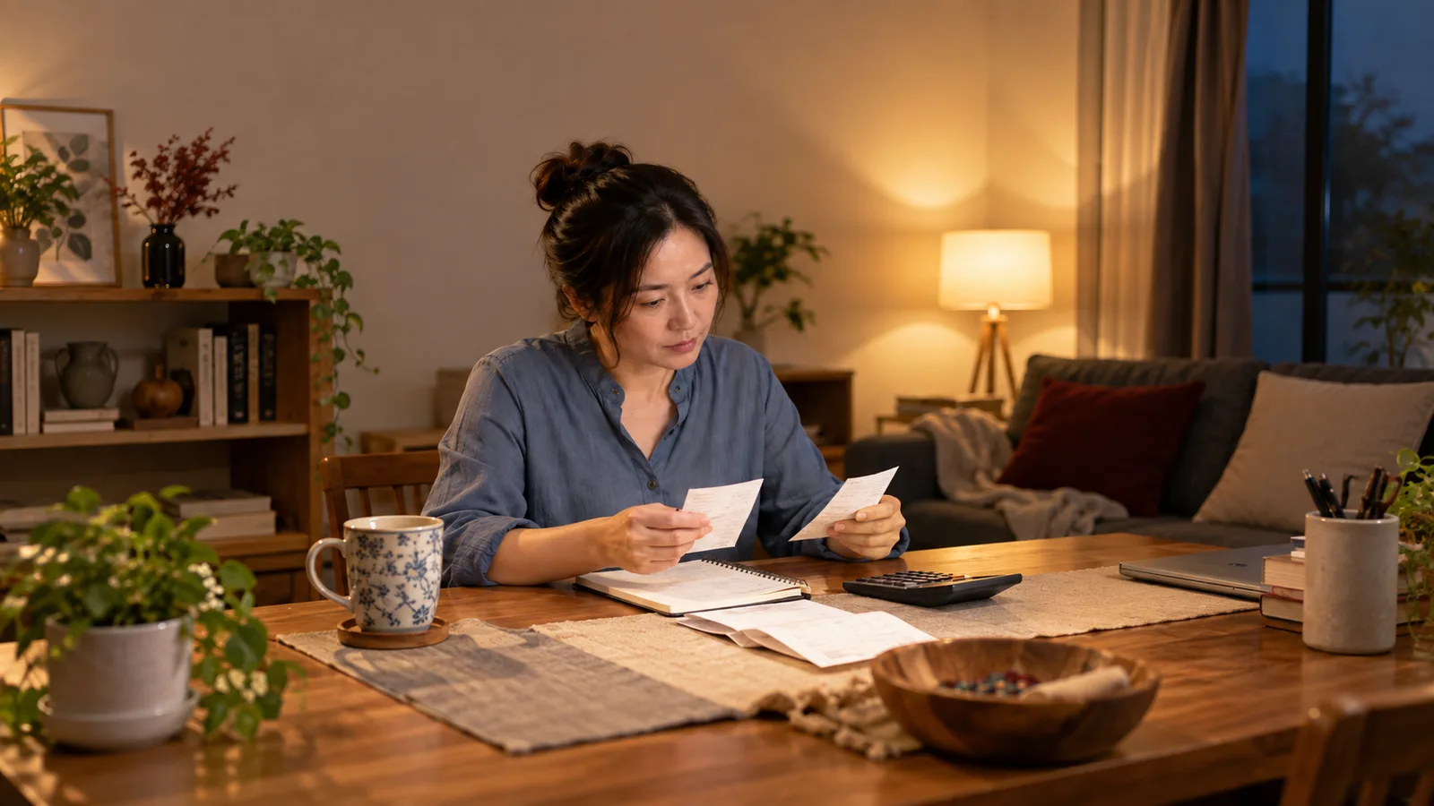 穿日常服裝的成年女性在家中整理收據，用筆記與計算機記帳