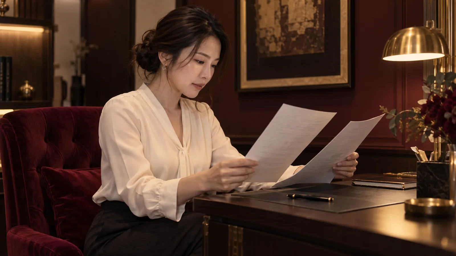 成年女性坐在桌前閱讀工作文件，筆放在旁邊尚未簽名
