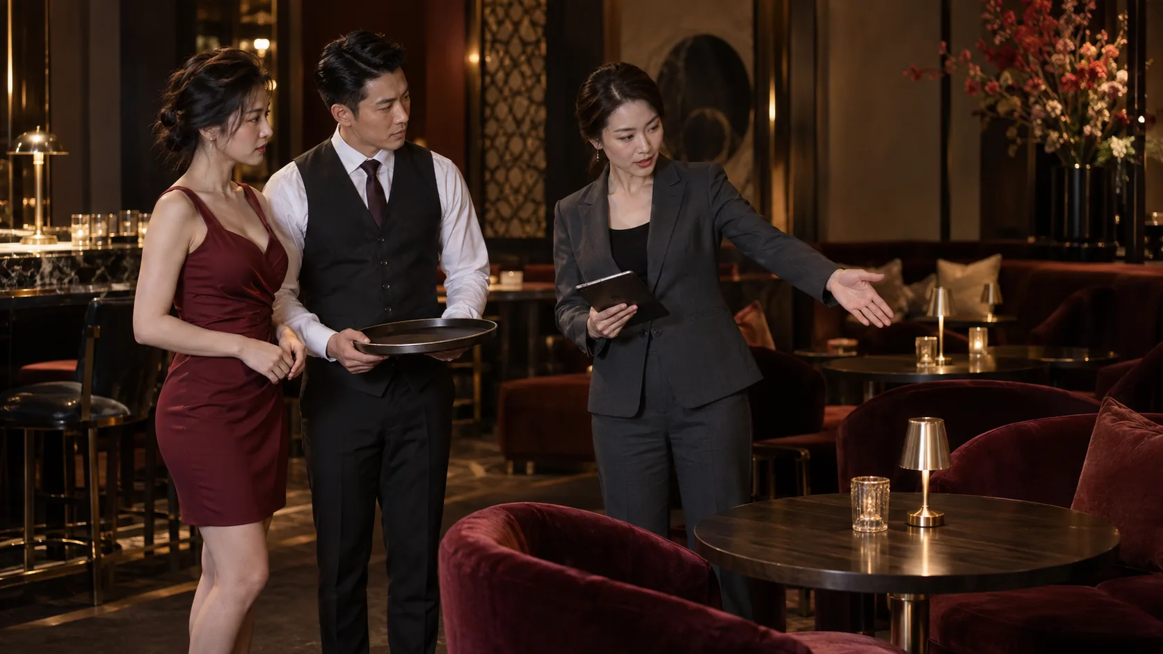 穿酒紅短洋裝的女性、拿托盤的外場人員與西裝女幹部，在開場前確認桌位