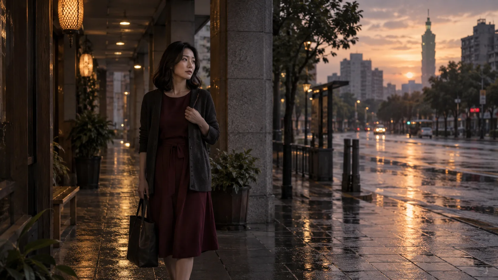 清晨台灣街景中準備回家的成年女性