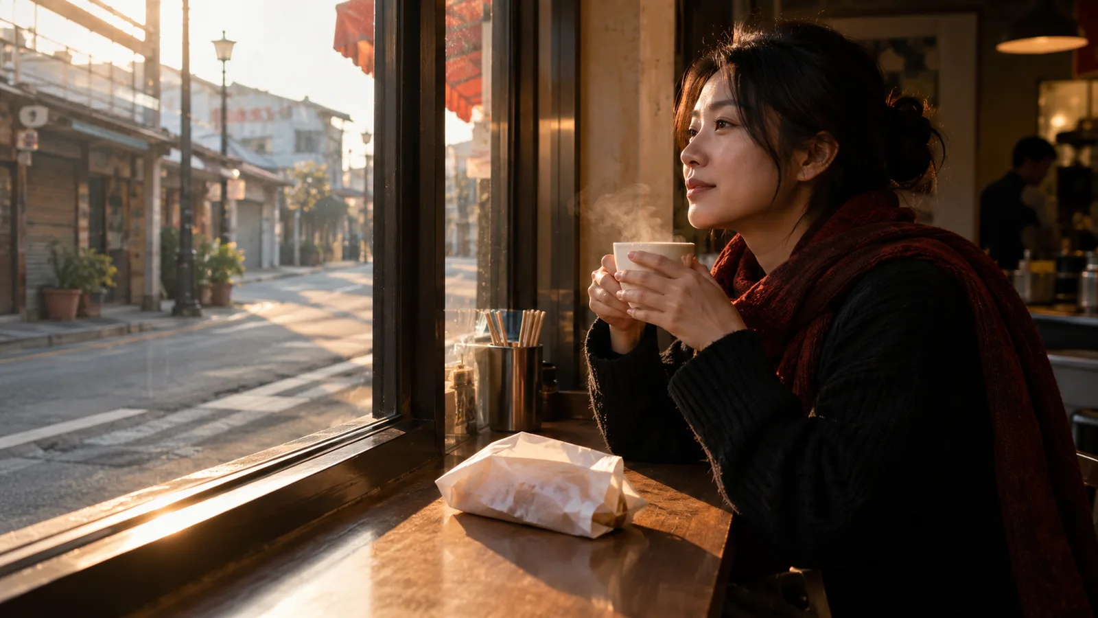 成年台灣女性坐在早餐店窗邊喝熱飲
