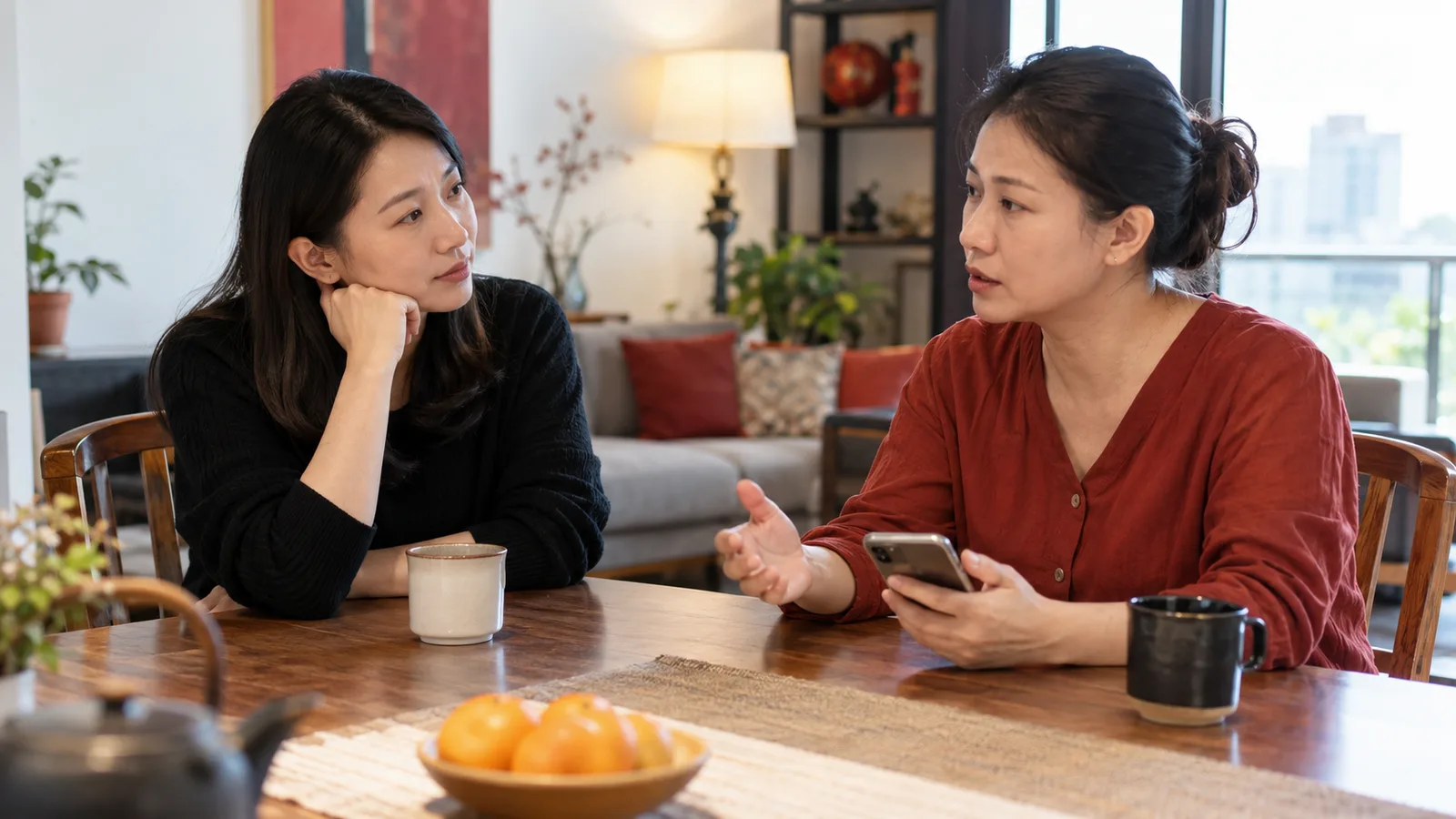 兩位成年台灣女性坐在明亮客廳討論手機訊息