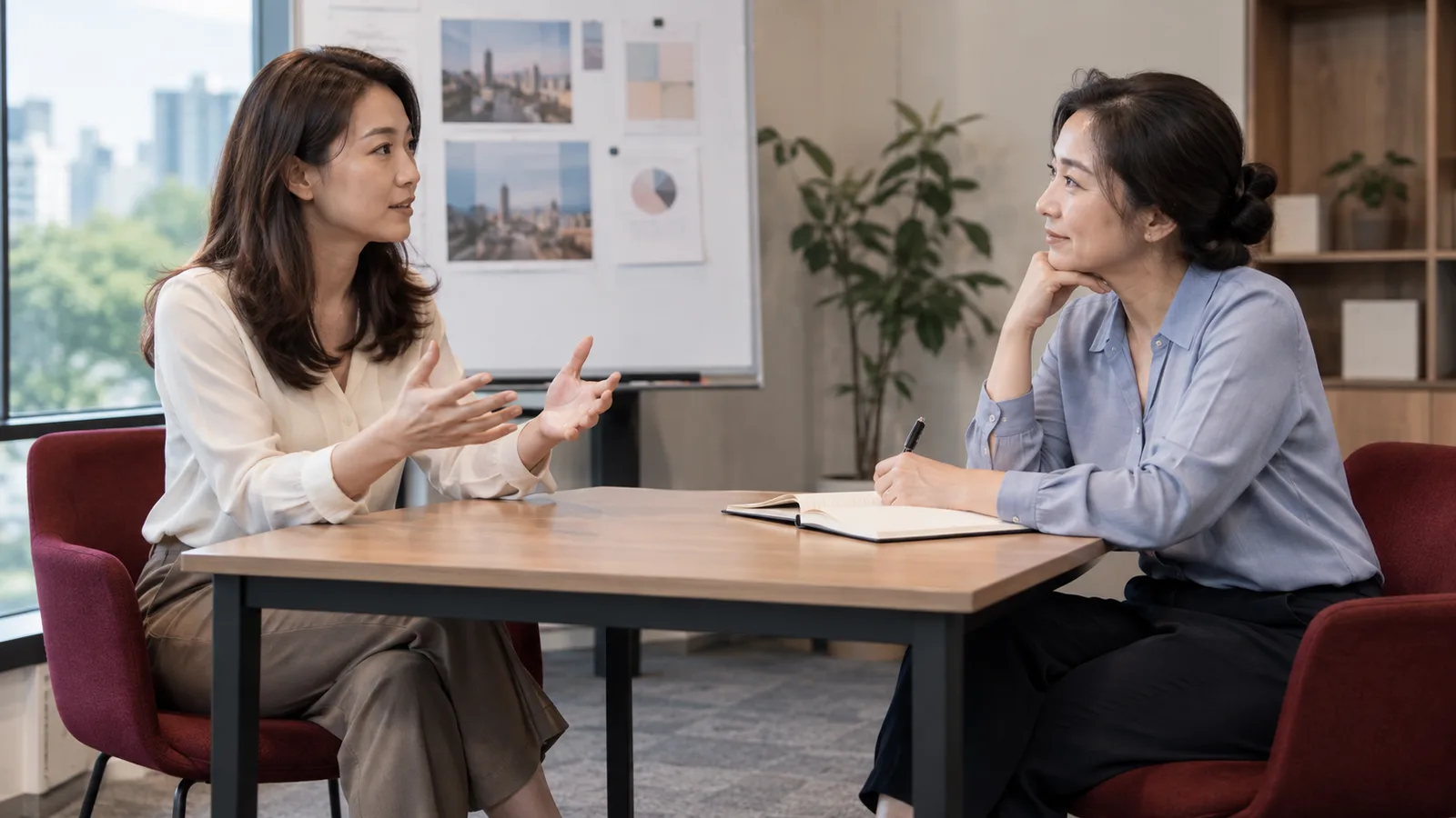 兩位成年女性在會談桌旁練習說明工作需求