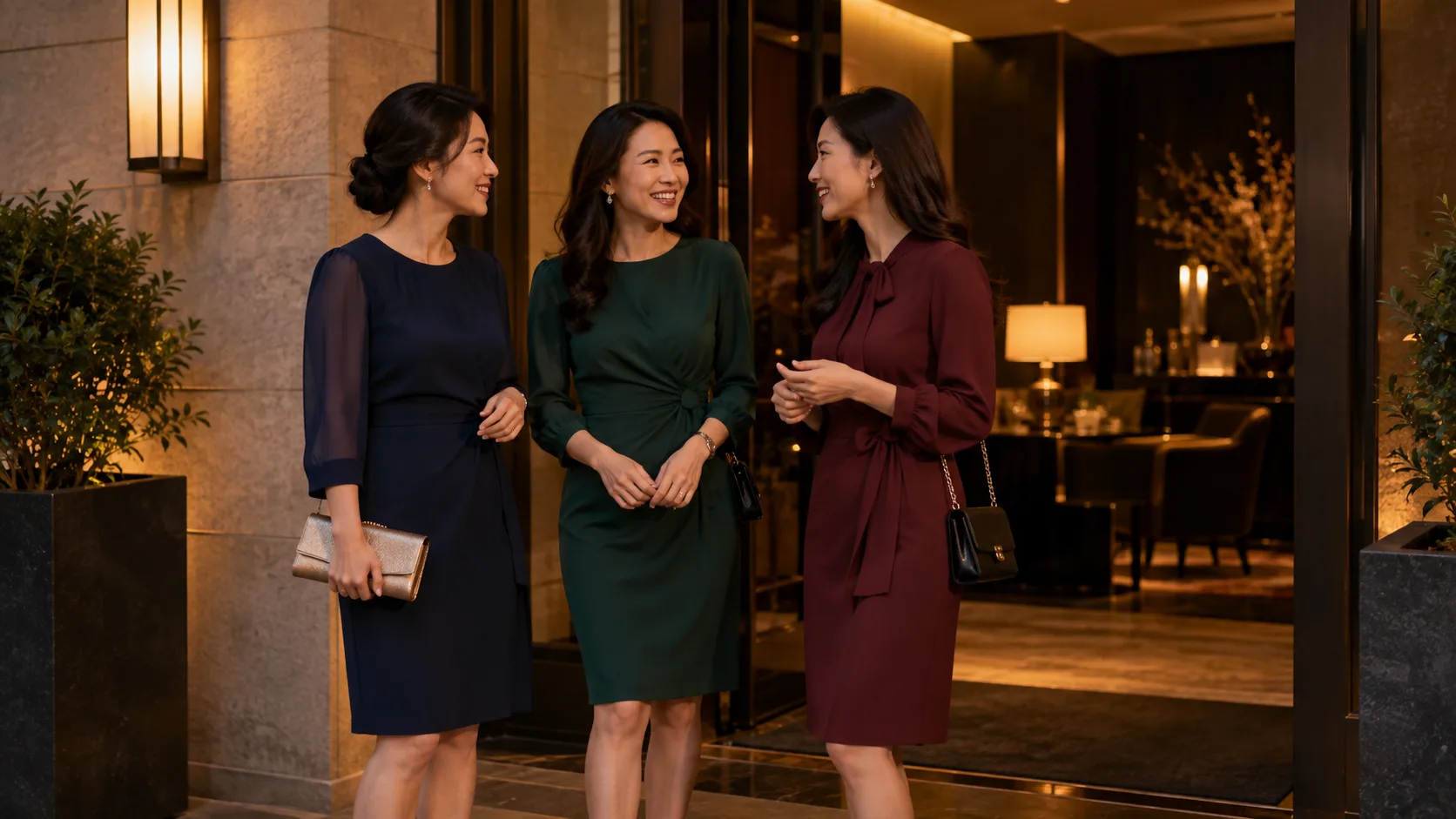 三位成年女性穿不同色晚宴洋裝在接待區交談