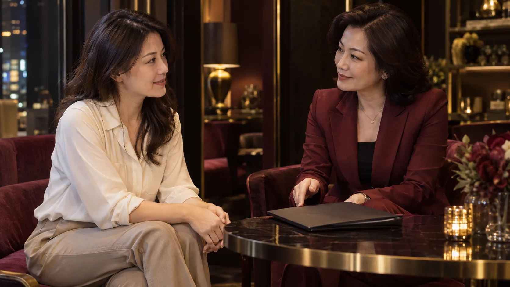成年女性與穿西裝的女接待人員在會談桌旁討論工作