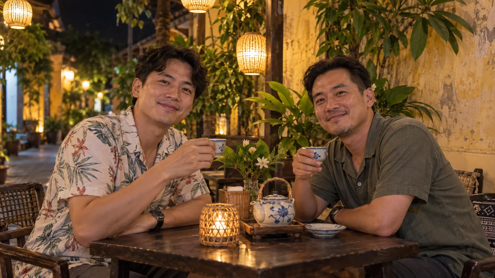 成年台灣旅客在夜間餐廳喝茶聊天
