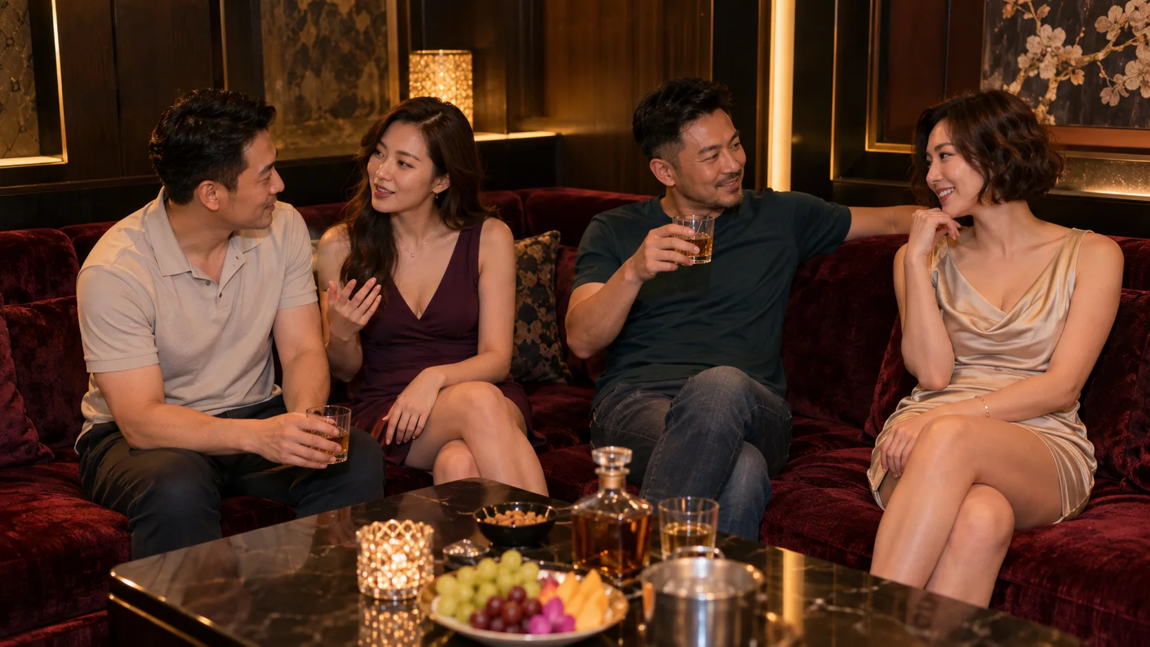 兩位短洋裝小姐坐在輕便穿著的男客身旁聊天舉杯