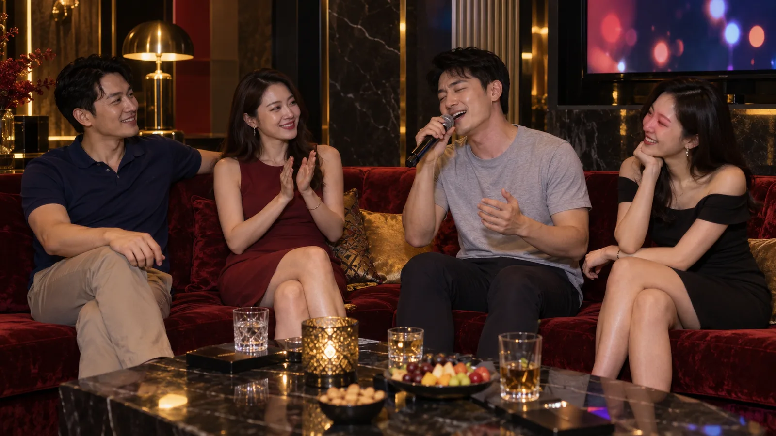 穿灰色T恤的男客拿麥克風唱歌,短洋裝女性與同行男客坐在包廂沙發上聆聽互動
