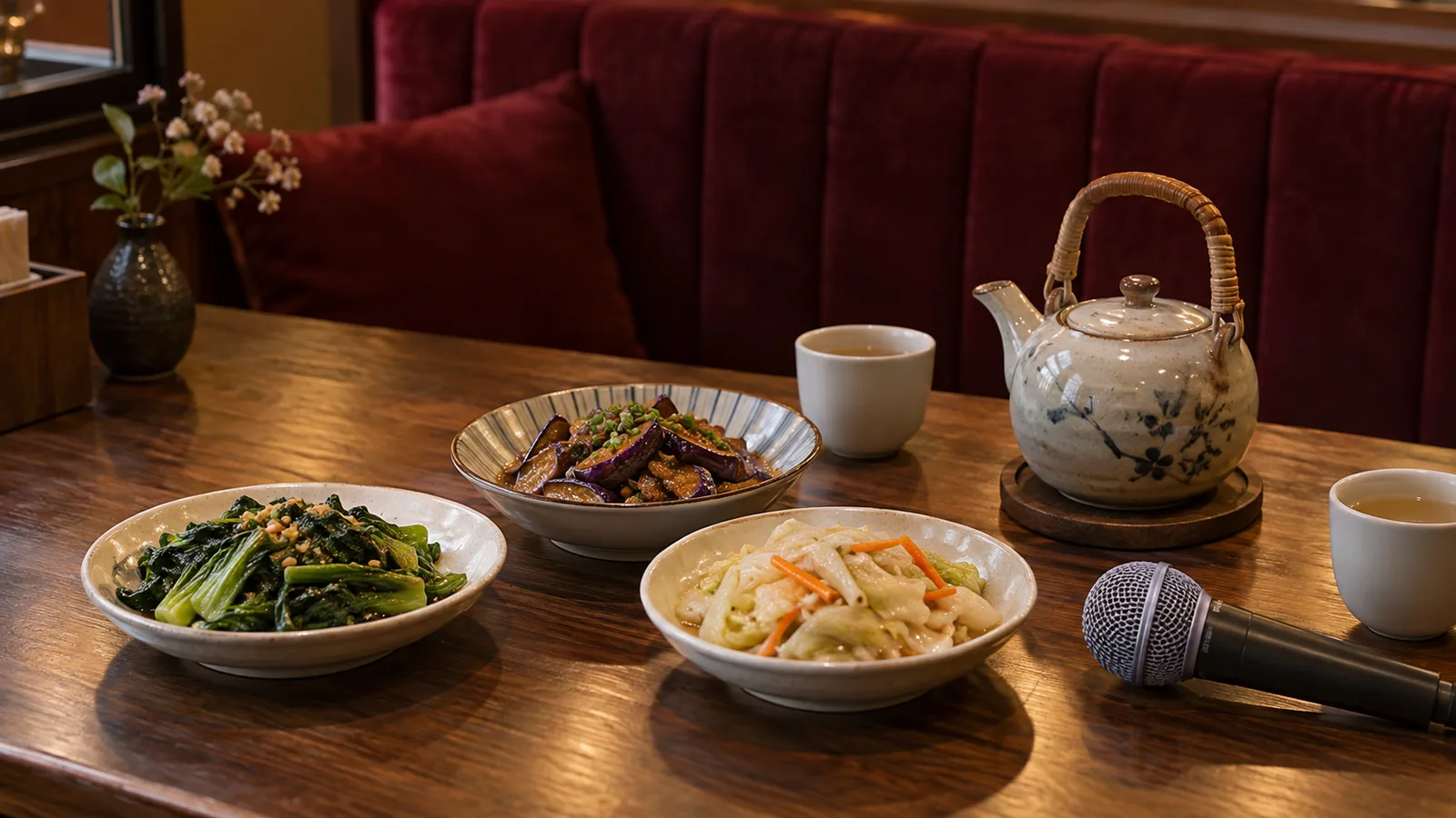 小型聚會桌上的餐點、茶水與麥克風