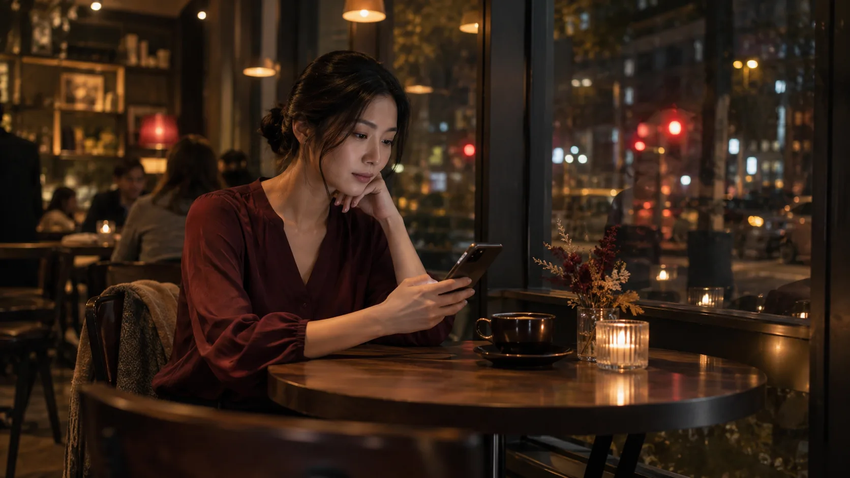 夜間咖啡店裡閱讀手機訊息的成年台灣女性