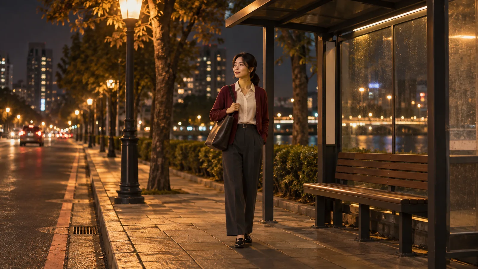 成年女性下班後在夜間街邊等候交通
