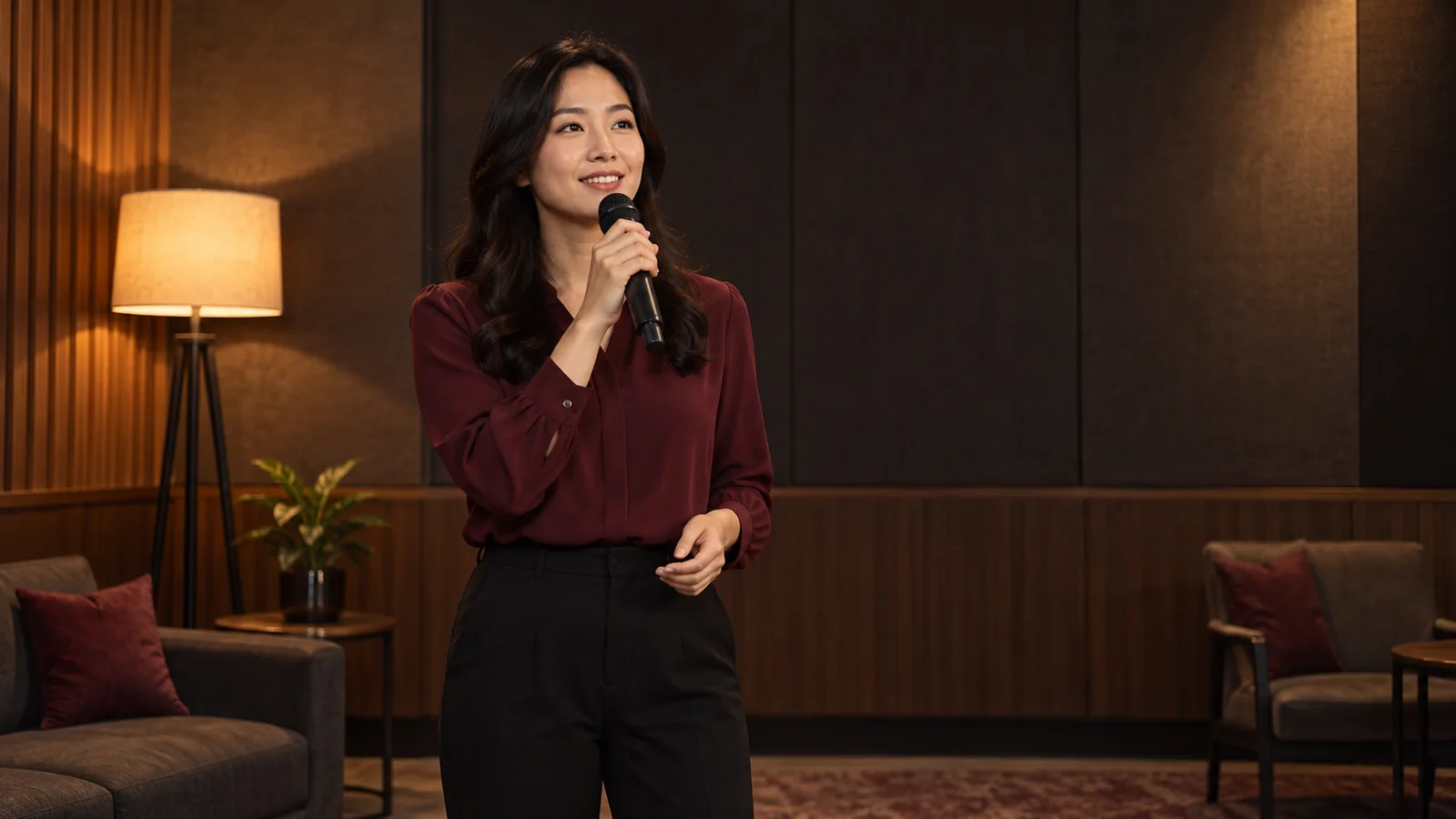 成年女性在練習空間使用麥克風