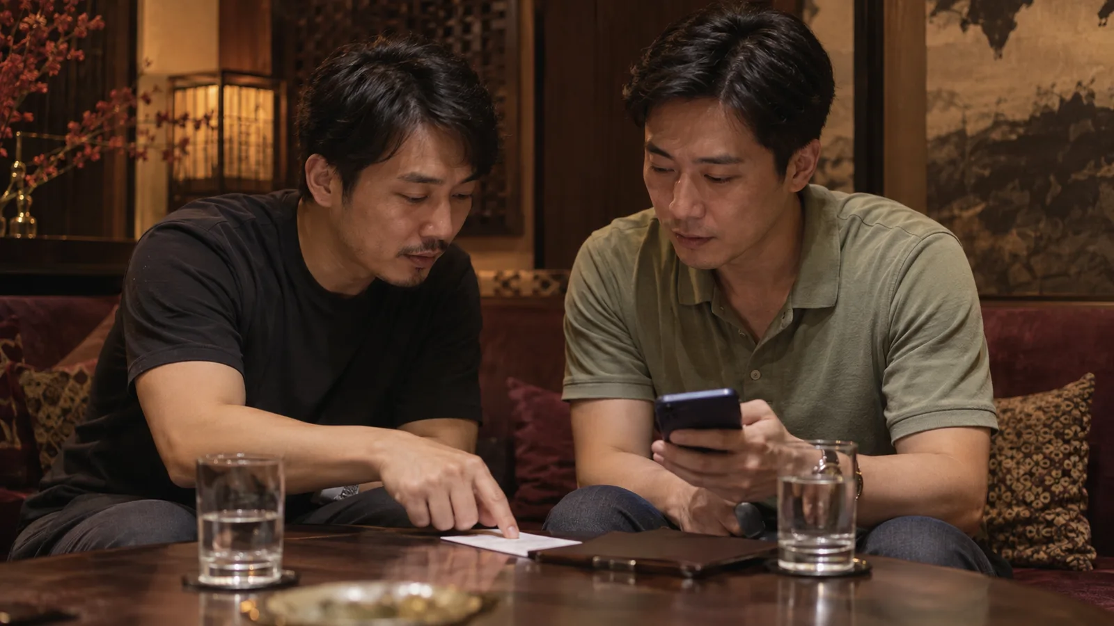 兩位輕便穿著的男客在桌邊對照手機與紙本紀錄，討論共同費用